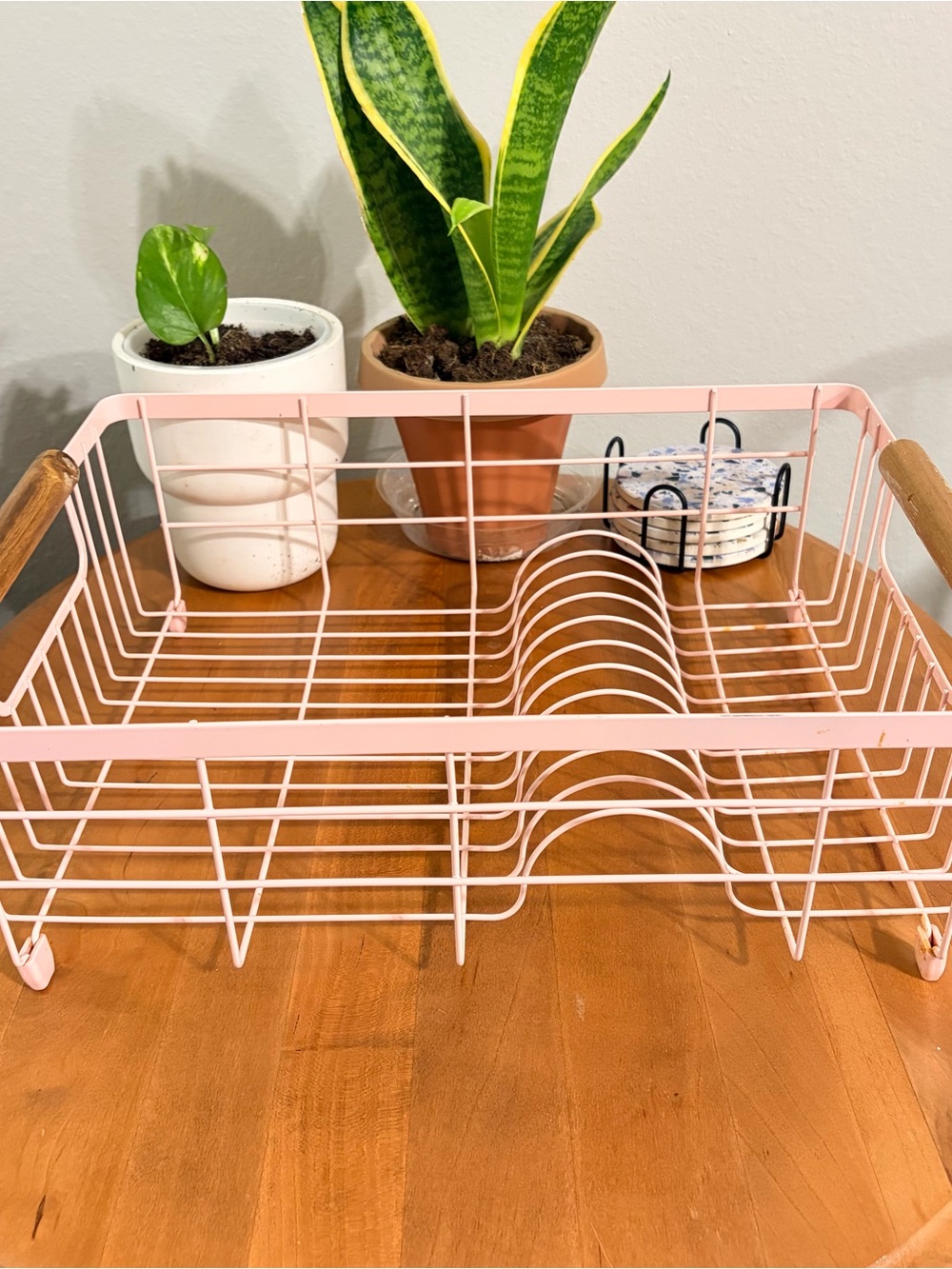 Pink Metal Dish Drying Rack with Wooden Handles